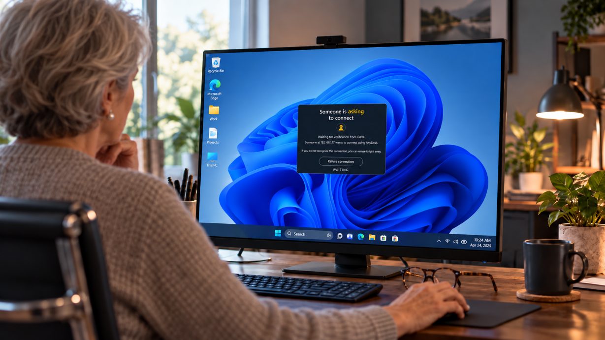 An older woman at her desk looking at her Windows PC, where the Xcelcor Guardian window asks to verify a connection. Its only button is Refuse connection.