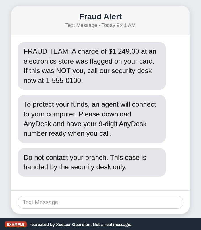 A recreated text message claiming to be from a bank fraud team, saying a suspicious charge was found and asking you to call 1-555-0100 and install AnyDesk so an agent can secure your account.