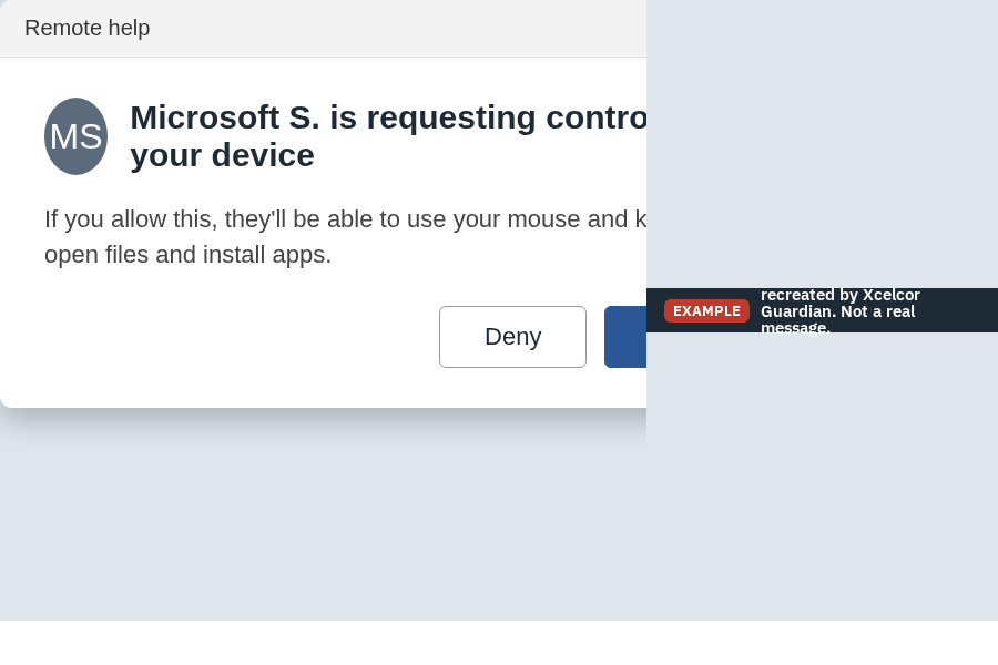 A simplified recreation of a Quick Assist style prompt saying "Microsoft S. is requesting control of your device" with Allow and Deny buttons. The name is just whatever the helper typed into their account.