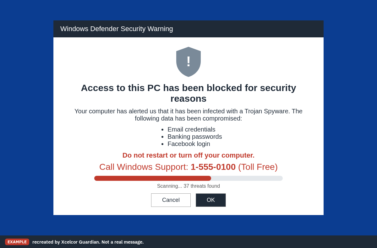 A recreated fake warning titled Windows Defender Security Warning. It says access to this PC has been blocked, lists stolen data, says do not restart, and shows a support number to call, 1-555-0100, over a fake scan bar.